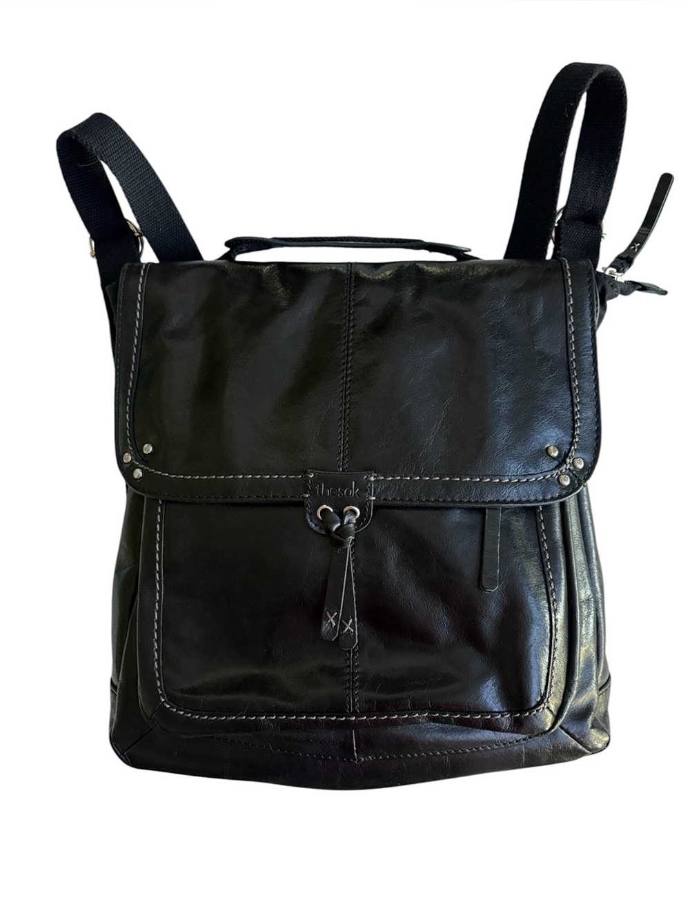The Sak Blk Leather Convertible Backpack Messenger Boho Goth Gorpcore Aesthetic